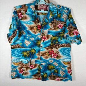 RJC Shirt Mens XL Blue Hawaiian Camp Ocean Islands Tropics Aloha Hibiscus